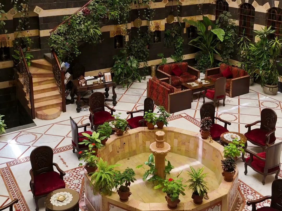 The hotel courtyard seen from the floor above