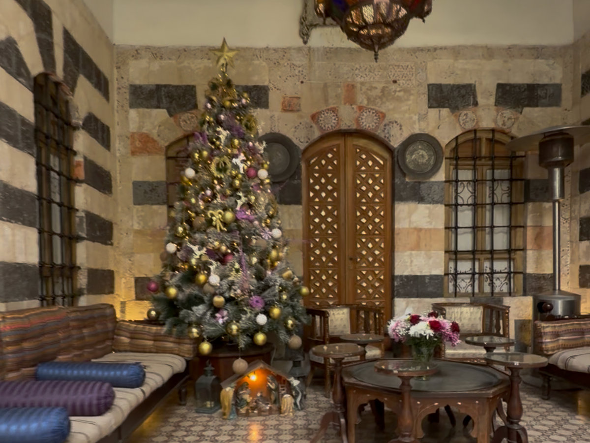 Christmas tree inside a traditional Damascene house